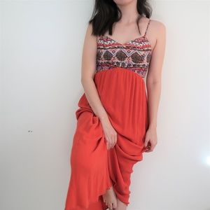 Burnt Orange Maxi Dress w/ Statement Print Bodice